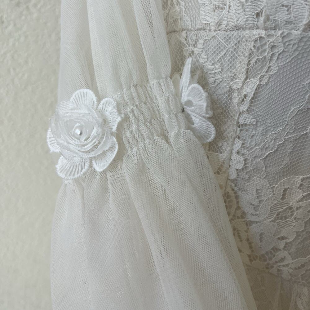 Cottagecore Ivory Lace Dress Long Slv Rosettes Regency Sz M Tulle Pleated Fairy - Picture 5 of 9
